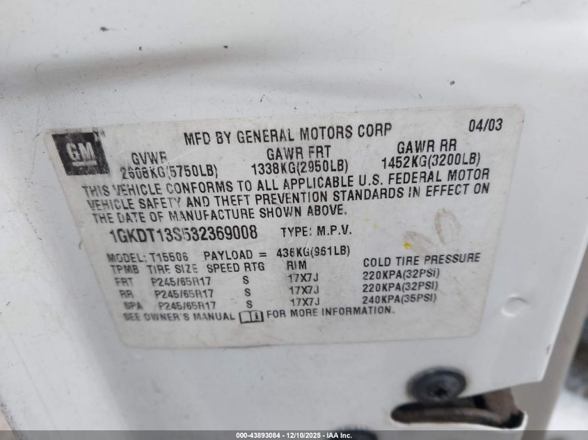 2003 GMC Envoy Slt VIN: 1GKDT13S532369008 Lot: 43893084