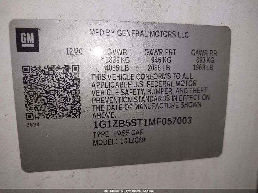 2021 Chevrolet Malibu Fwd Ls VIN: 1G1ZB5ST1MF057003 Lot: 43893085