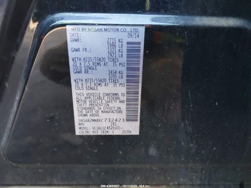 2014 Nissan Pathfinder Platinum VIN: 5N1AR2MN8EC732423 Lot: 43893087