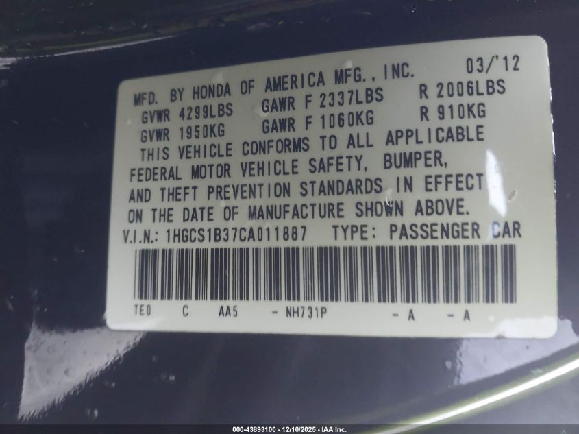 2012 Honda Accord 2.4 Lx-S VIN: 1HGCS1B37CA011887 Lot: 43893100