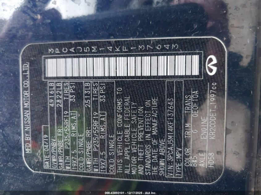 2019 Infiniti Qx50 Luxe VIN: 3PCAJ5M14KF137643 Lot: 43893101