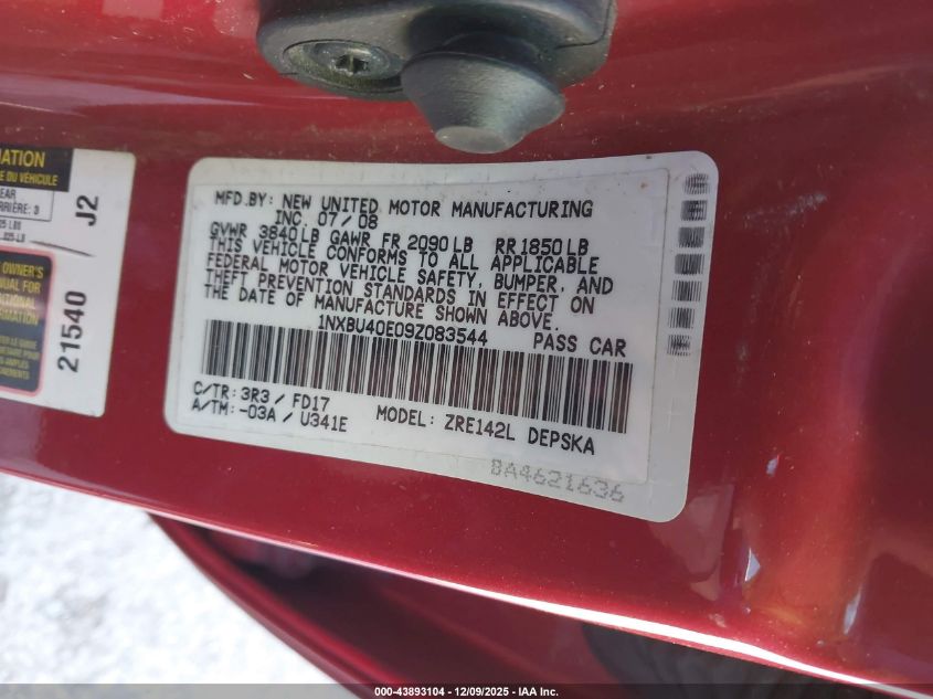 2009 Toyota Corolla S VIN: 1NXBU40E09Z083544 Lot: 43893104