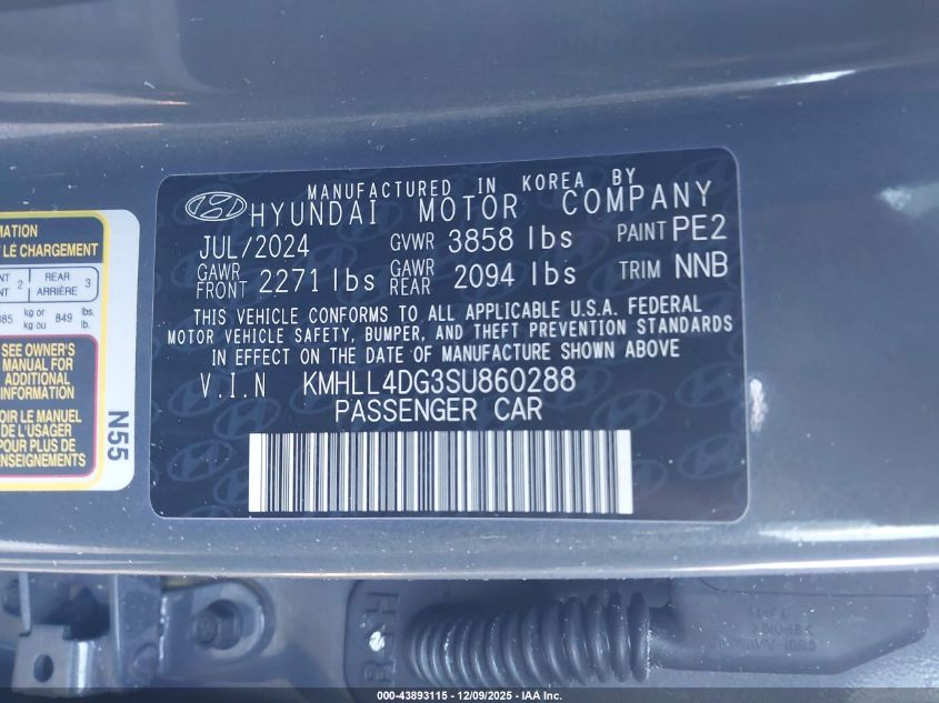 2025 Hyundai Elantra Se VIN: KMHLL4DG3SU860288 Lot: 43893115