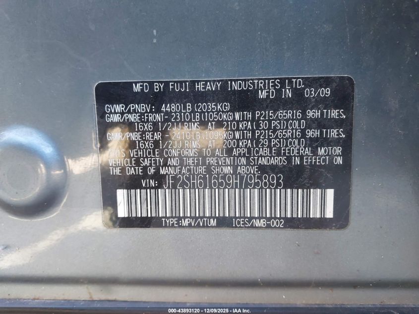 2009 Subaru Forester 2.5X VIN: JF2SH61659H795893 Lot: 43893120