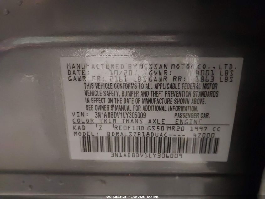 2020 Nissan Sentra Sr Xtronic Cvt VIN: 3N1AB8DV1LY306009 Lot: 43893124