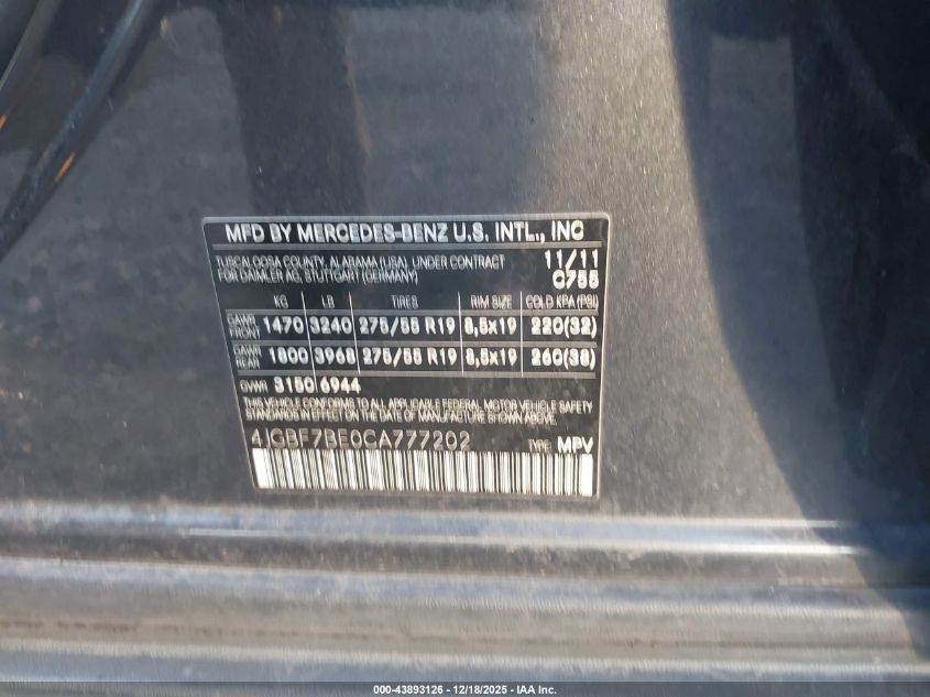 2012 Mercedes-Benz Gl 450 4Matic VIN: 4JGBF7BE0CA777202 Lot: 43893126