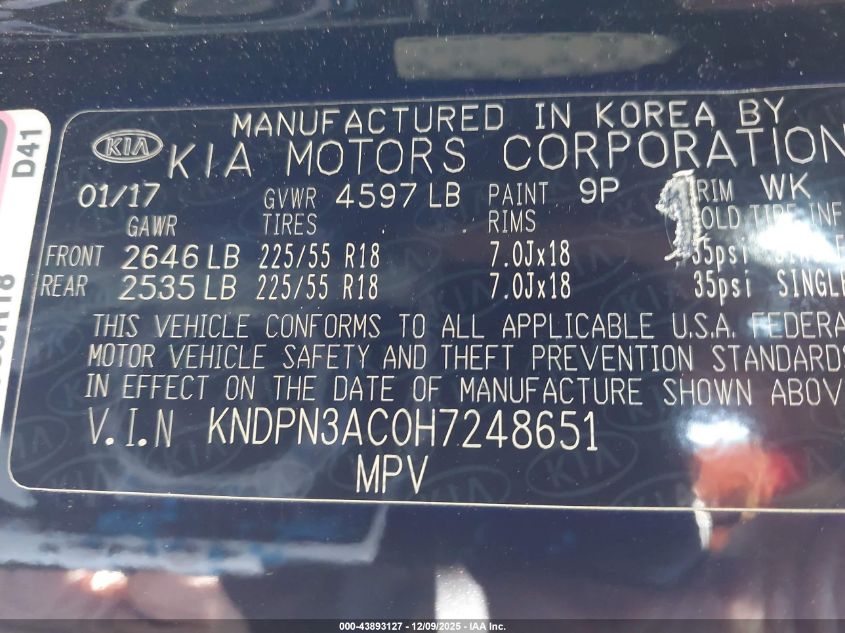 2017 Kia Sportage Ex VIN: KNDPN3AC0H7248651 Lot: 43893127