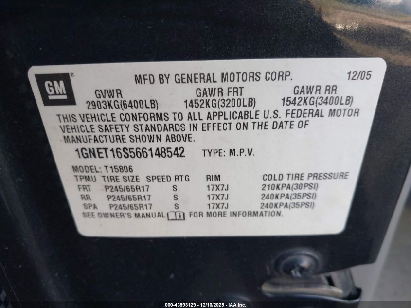 2006 Chevrolet Trailblazer Ext Ls VIN: 1GNET16S566148542 Lot: 43893129