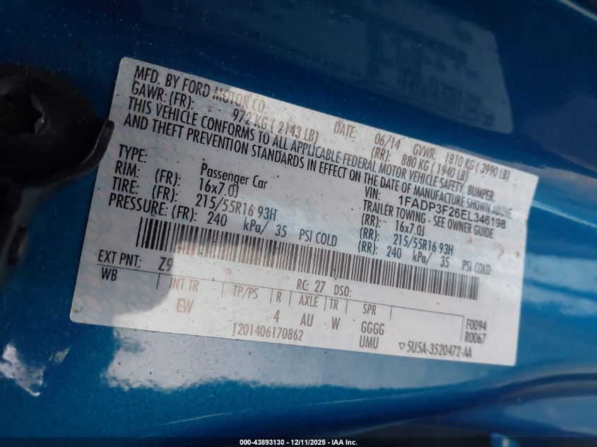 2014 Ford Focus Se VIN: 1FADP3F26EL346198 Lot: 43893130