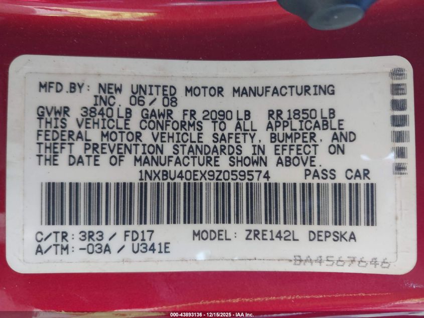 2009 Toyota Corolla S VIN: 1NXBU40EX9Z059574 Lot: 43893136