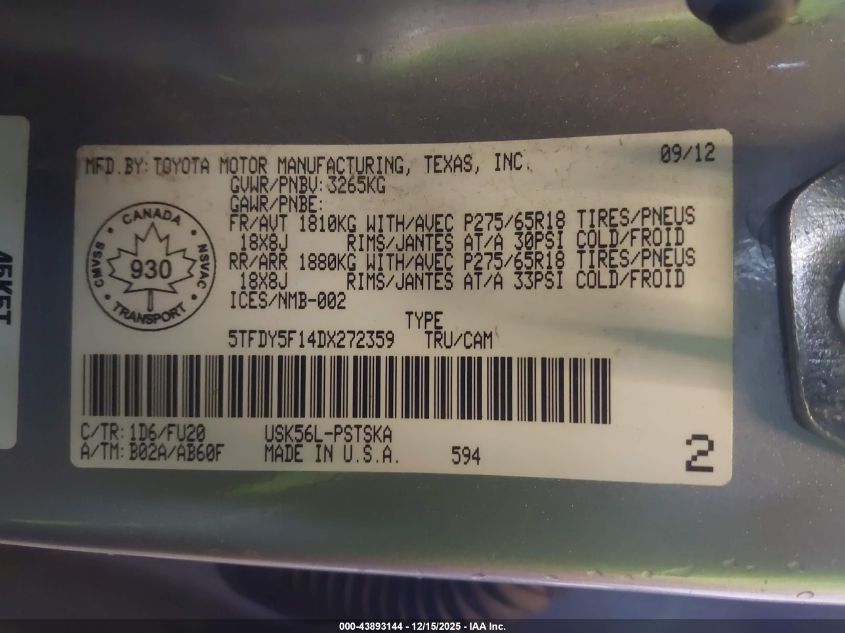 2013 Toyota Tundra Sr5 5.7L V8 VIN: 5TFDY5F14DX272359 Lot: 43893144