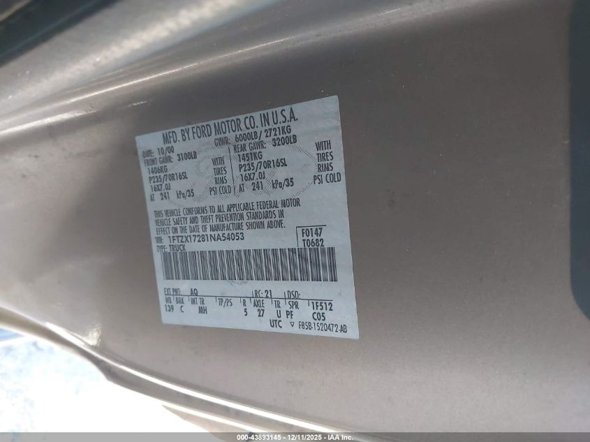 2001 Ford F-150 Xl/Xlt VIN: 1FTZX17281NA54053 Lot: 43893145