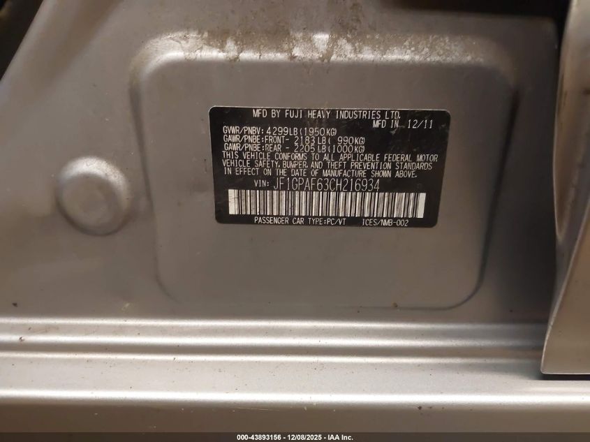 2012 Subaru Impreza 2.0I Premium VIN: JF1GPAF63CH216934 Lot: 43893156