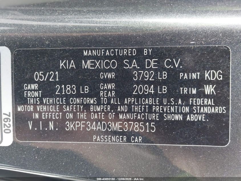 2021 Kia Forte Gt-Line VIN: 3KPF34AD3ME378515 Lot: 43893158