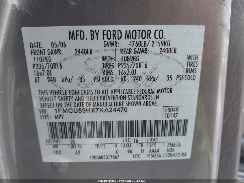 2007 Ford Escape Hybrid VIN: 1FMCU59HX7KA24470 Lot: 43893159