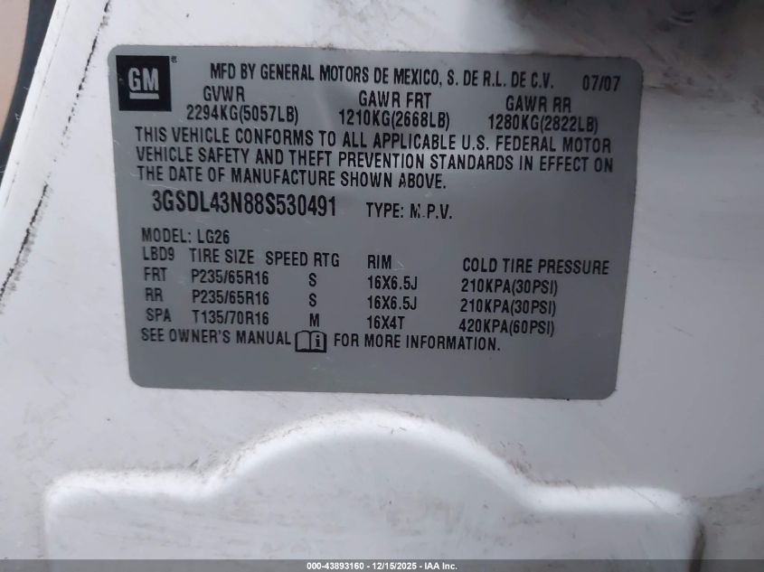 2008 Saturn Vue V6 Xe VIN: 3GSDL43N88S530491 Lot: 43893160