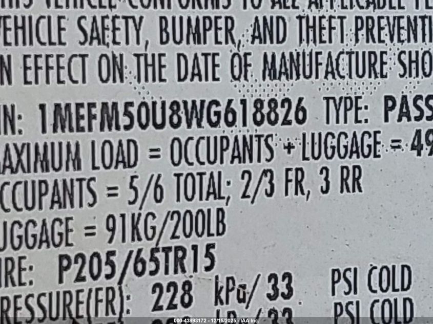 1998 Mercury Sable Gs/Ls VIN: 1MEFM50U8WG618826 Lot: 43893172