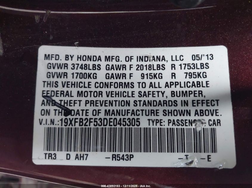 2013 Honda Civic Lx VIN: 19XFB2F53DE045305 Lot: 43893183