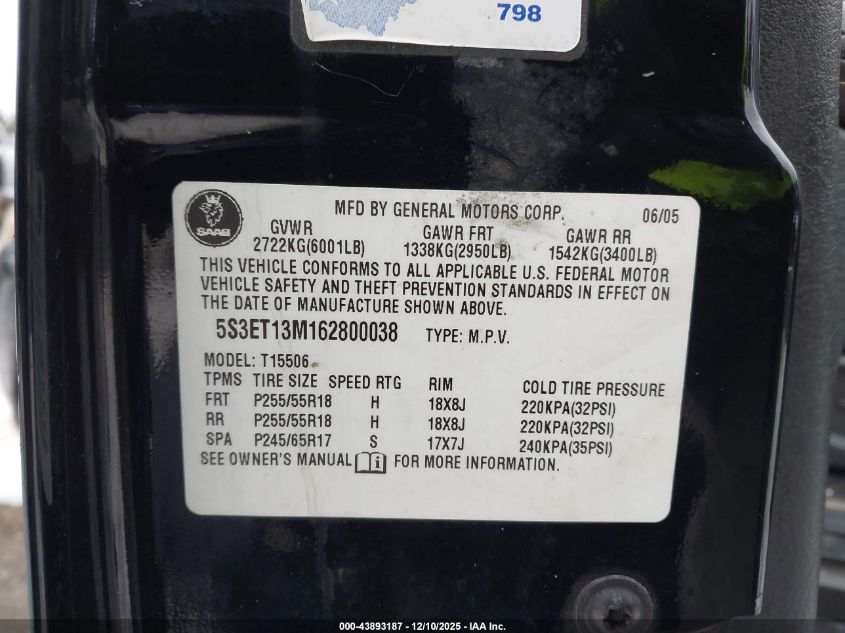 2006 Saab 9-7X 5.3I VIN: 5S3ET13M162800038 Lot: 43893187