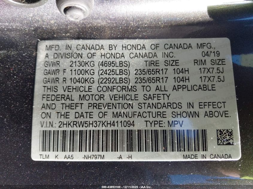 2019 Honda Cr-V Lx VIN: 2HKRW5H37KH411094 Lot: 43893188