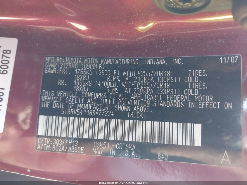 2008 Toyota Tundra Base 5.7L V8 VIN: 5TBRV54118S477224 Lot: 43893192