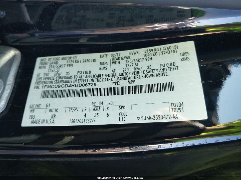 2017 Ford Escape Se VIN: 1FMCU9GD4HUD06729 Lot: 43893193