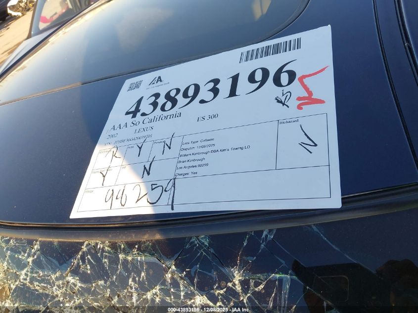 2002 Lexus Es 300 VIN: JTHBF30G420039701 Lot: 43893196