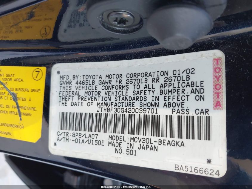 2002 Lexus Es 300 VIN: JTHBF30G420039701 Lot: 43893196