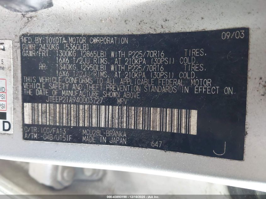 2004 Toyota Highlander V6 VIN: JTEEP21A940003727 Lot: 43893198