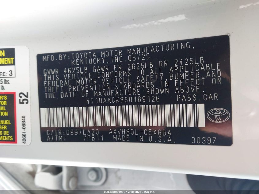 2025 Toyota Camry Xle VIN: 4T1DAACK8SU169126 Lot: 43893199