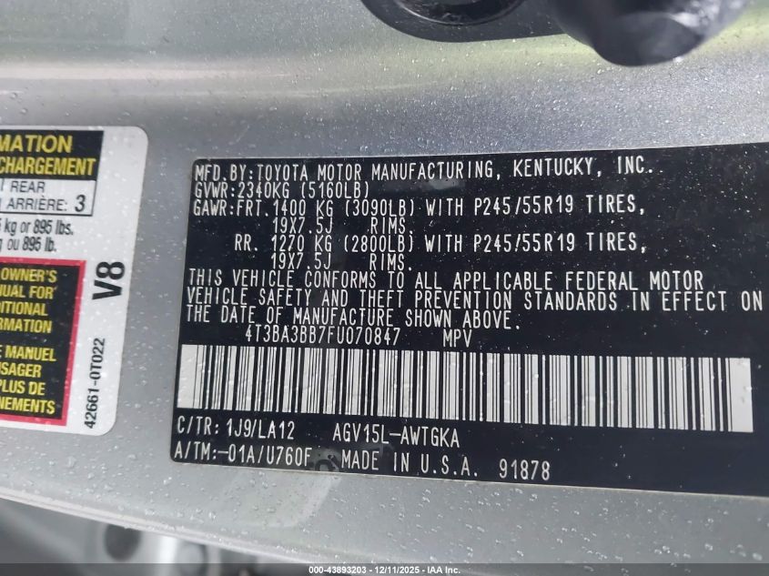 2015 Toyota Venza Xle VIN: 4T3BA3BB7FU070847 Lot: 43893203