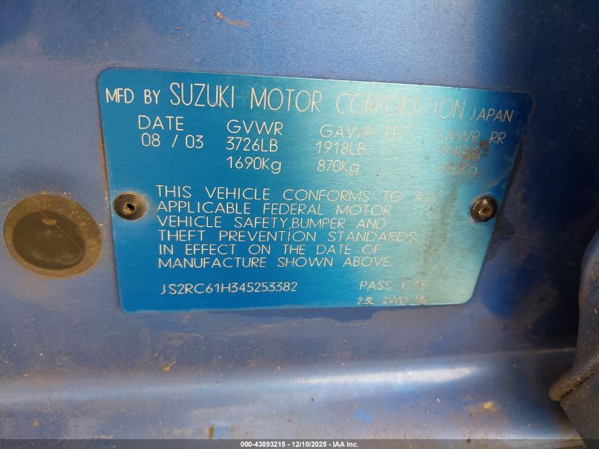 2004 Suzuki Aerio Sx VIN: JS2RC61H345253382 Lot: 43893215