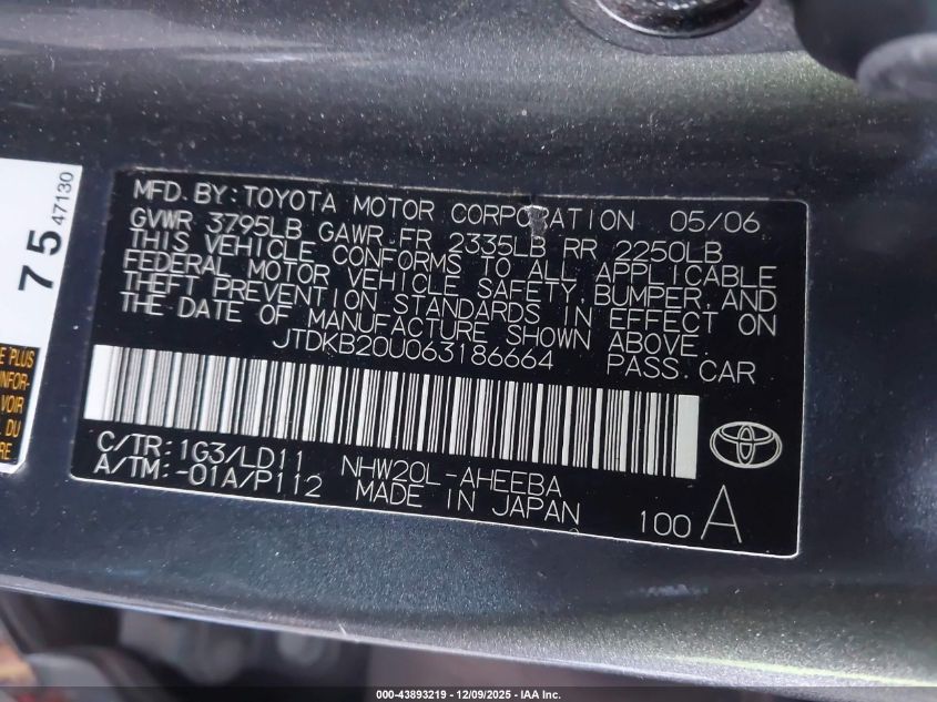 2006 Toyota Prius VIN: JTDKB20U063186664 Lot: 43893219