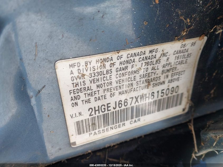 1998 Honda Civic Lx VIN: 2HGEJ667XWH615090 Lot: 43893220