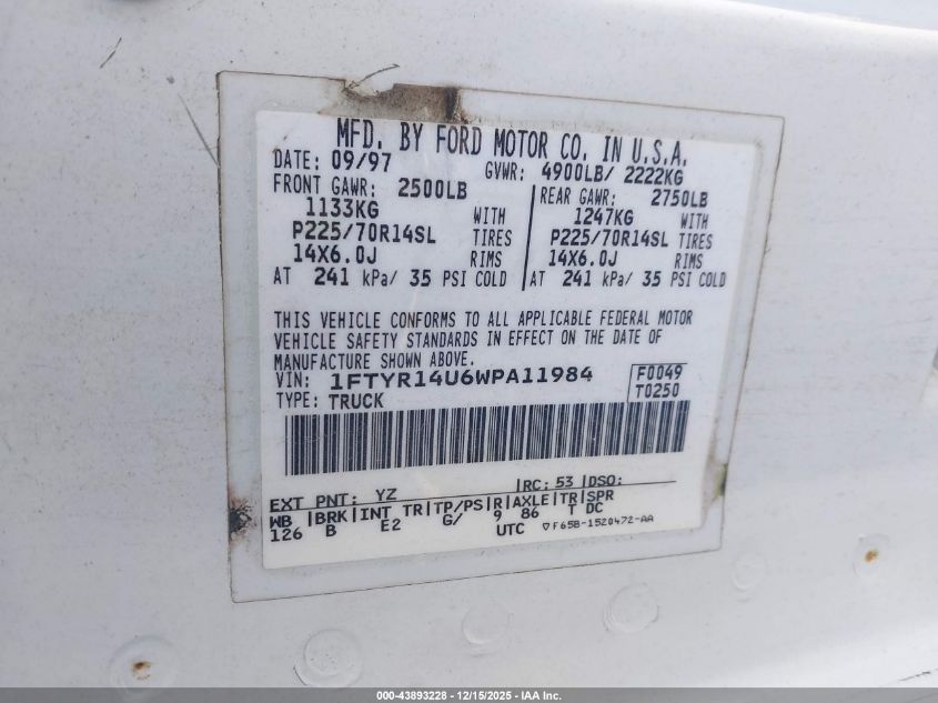 1998 Ford Ranger Splash/Xl/Xlt VIN: 1FTYR14U6WPA11984 Lot: 43893228