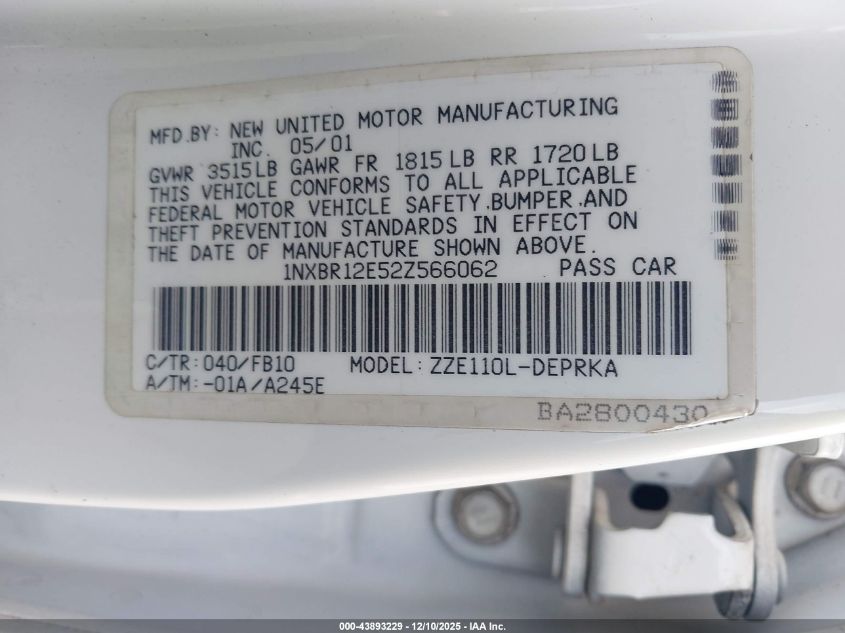 2002 Toyota Corolla Ce VIN: 1NXBR12E52Z566062 Lot: 43893229