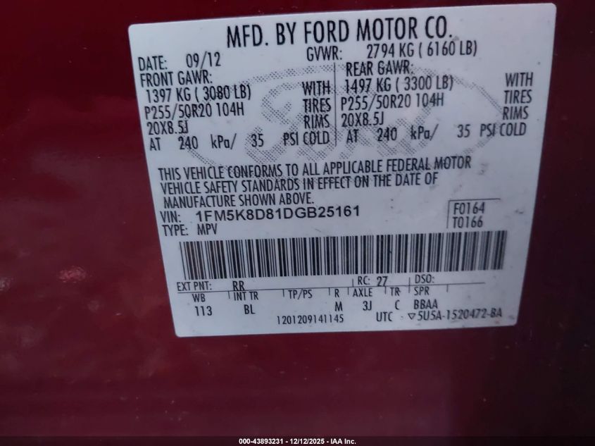 2013 Ford Explorer Xlt VIN: 1FM5K8D81DGB25161 Lot: 43893231