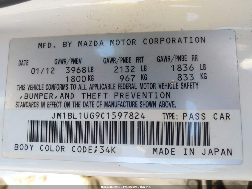 2012 Mazda Mazda3 I Sport VIN: JM1BL1UG9C1597824 Lot: 43893235