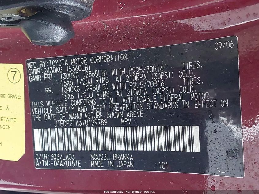 2007 Toyota Highlander 3Rd Row VIN: JTEDP21A370129789 Lot: 43893237