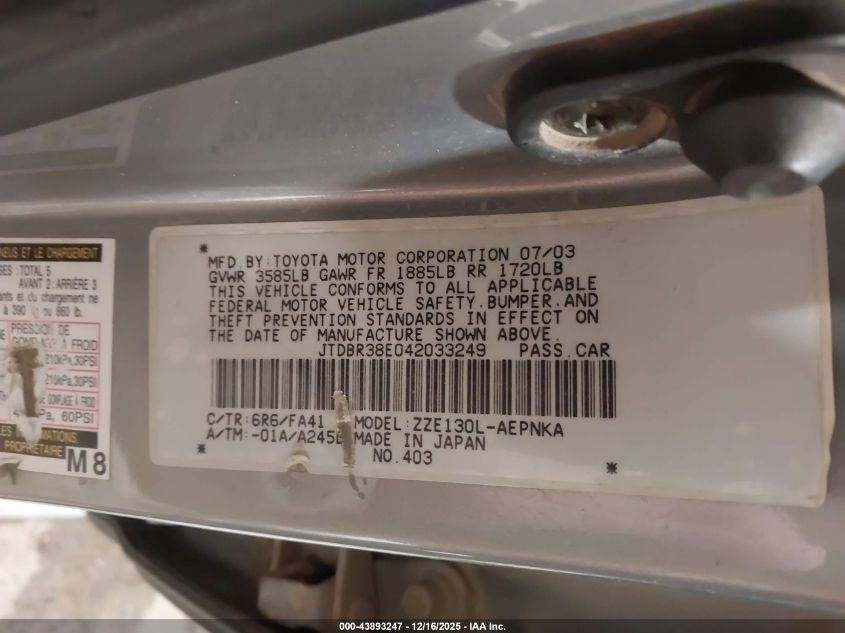 2004 Toyota Corolla Le VIN: JTDBR38E042033249 Lot: 43893247