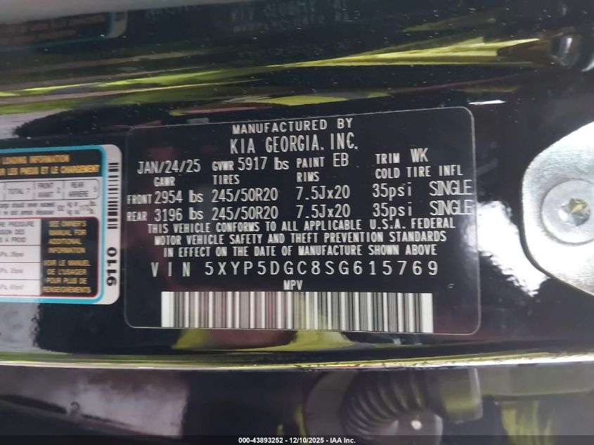 2025 Kia Telluride Sx Prestige VIN: 5XYP5DGC8SG615769 Lot: 43893252