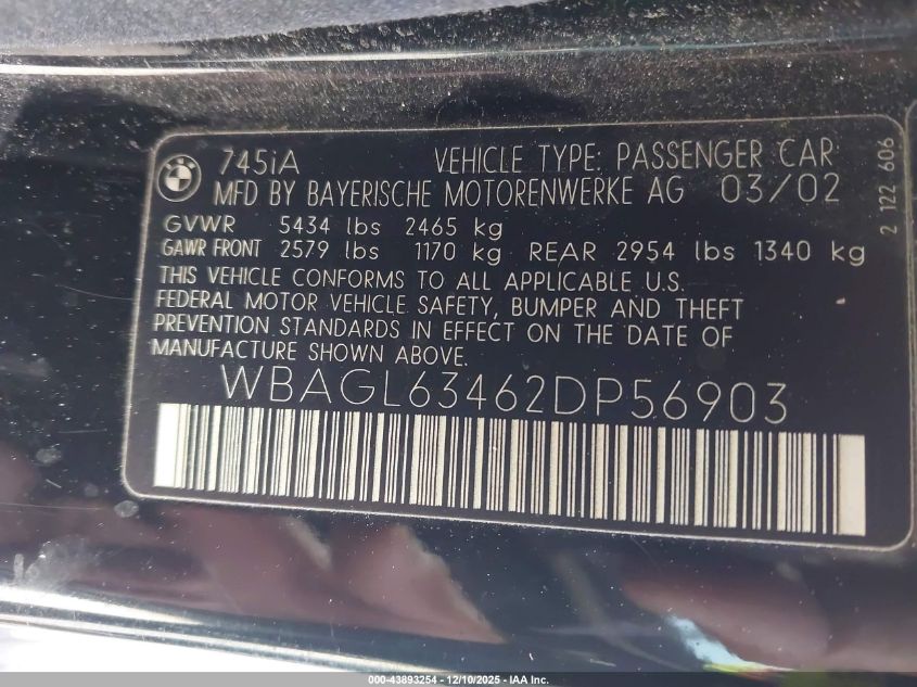 2002 BMW 745I VIN: WBAGL63462DP56903 Lot: 43893254