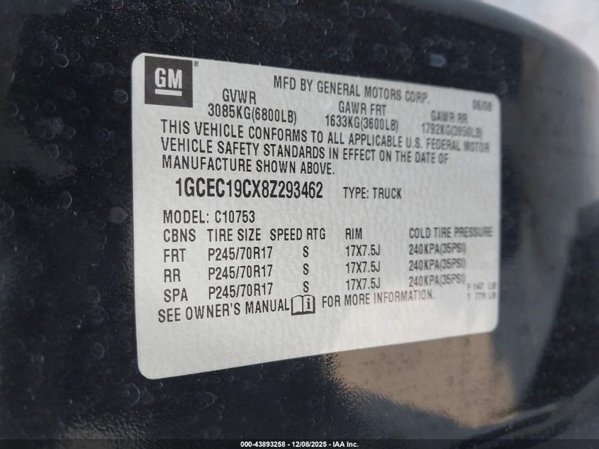 2008 Chevrolet Silverado 1500 Lt1 VIN: 1GCEC19CX8Z293462 Lot: 43893258