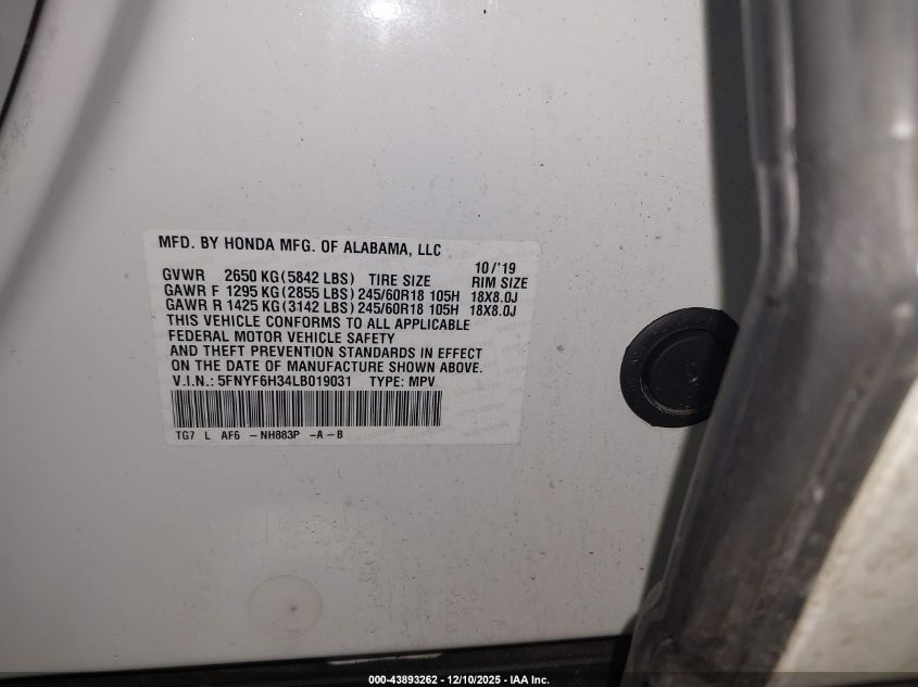 2020 Honda Pilot Awd Ex VIN: 5FNYF6H34LB019031 Lot: 43893262