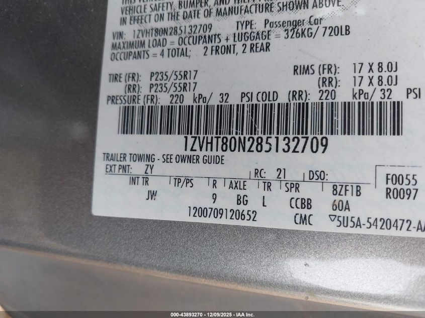 2008 Ford Mustang V6 Deluxe/V6 Premium VIN: 1ZVHT80N285132709 Lot: 43893270