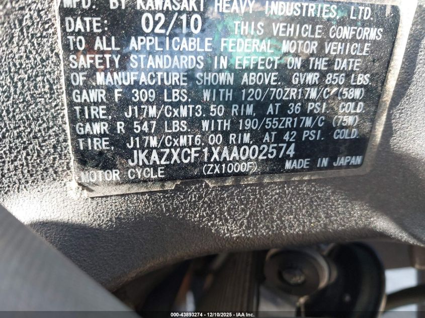 2010 Kawasaki Zx1000 F VIN: JKAZXCF1XAA002574 Lot: 43893274