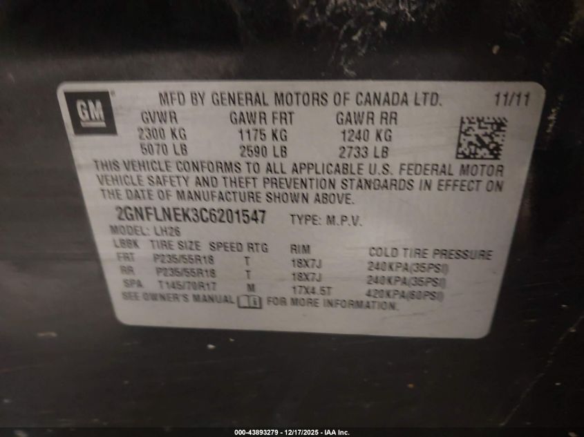 2012 Chevrolet Equinox 2Lt VIN: 2GNFLNEK3C6201547 Lot: 43893279