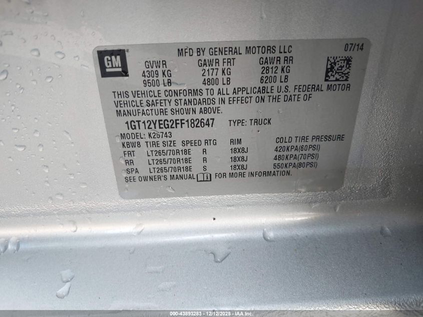 2015 GMC Sierra 2500Hd Sle VIN: 1GT12YEG2FF182647 Lot: 43893283