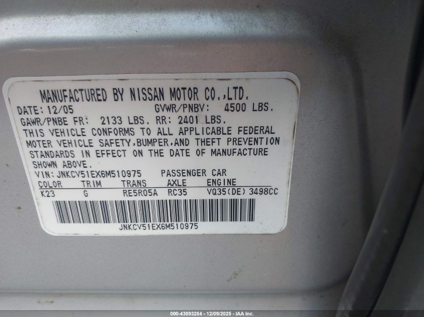 2006 Infiniti G35 VIN: JNKCV51EX6M510975 Lot: 43893284