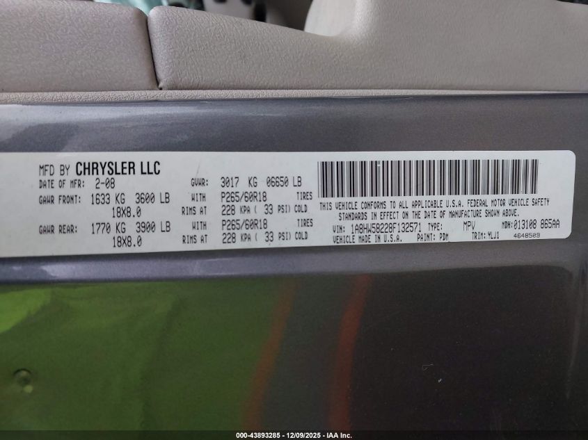 2008 Chrysler Aspen Limited VIN: 1A8HW58228F132571 Lot: 43893285